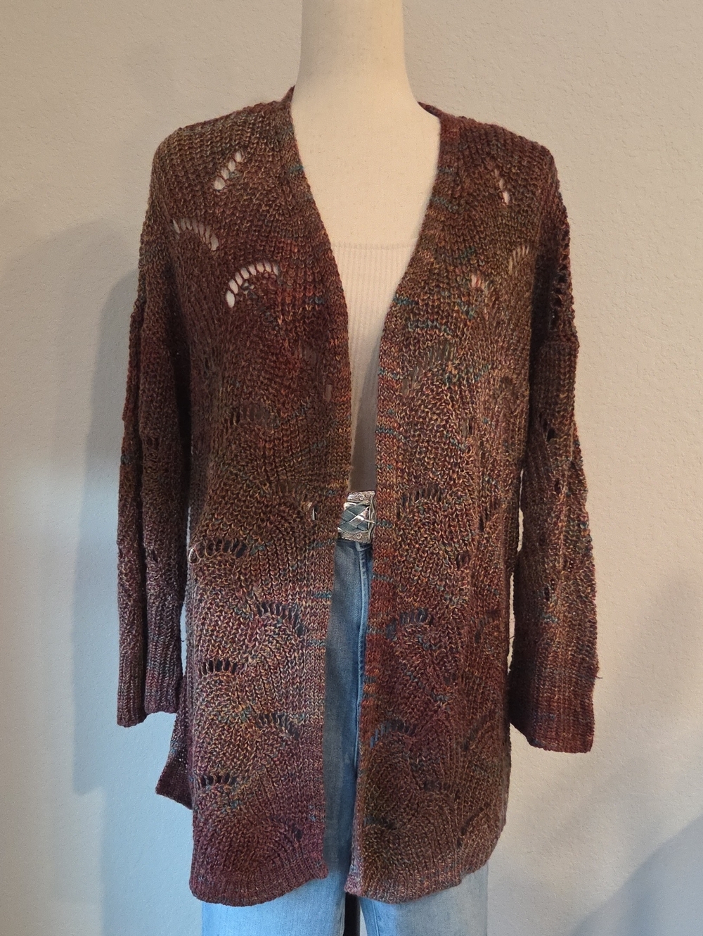 Maurices Rust Multicolor Open Front Knit Cardigan Brown Blue Boho Hippie Chic